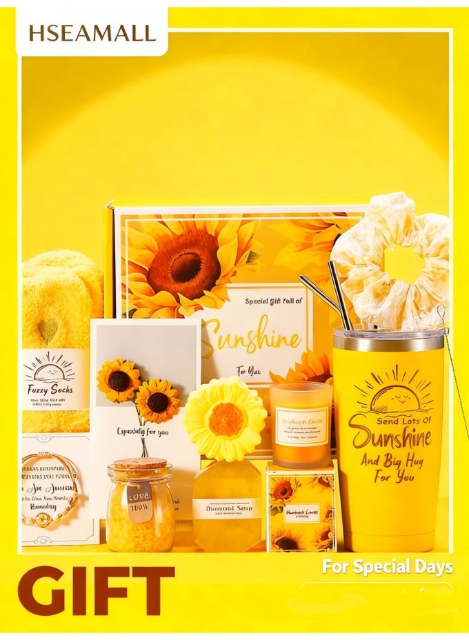 SUNFLOWER GIFT BASKET FOR MOM & BEST FRIEND - TUMBLER, BATH SALT & HANDMADE SOAP SET (BIRTHDAY/THANK YOU GIFT FOR HER)