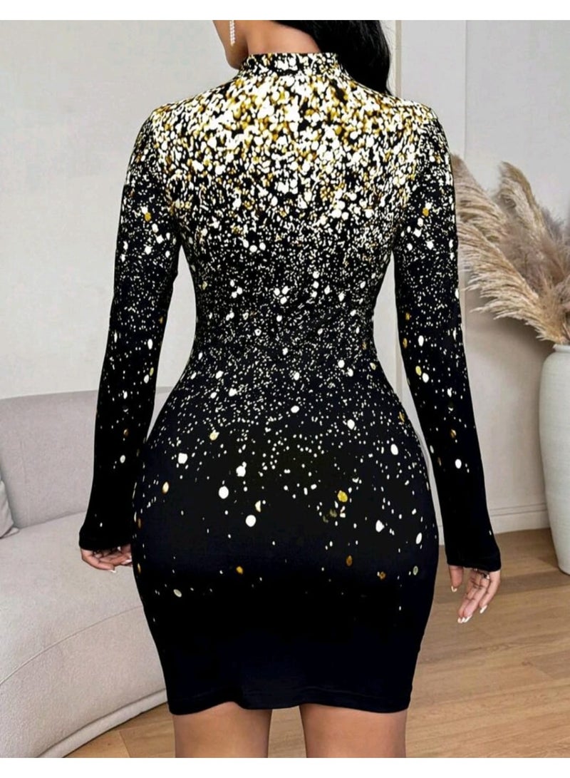 SHEIN  Women's V-Neck Long Sleeve Glitter Print Fitted Dress Fall Cloth For Women - Image 3