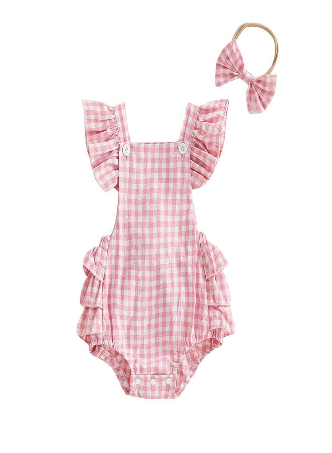 FOMOYUU Newborn Baby Girl Romper Summer Sleeveless Checkered Smocked Cotton Linen Clothes Outfit Jumpsuit with Bow Headband (Pink, 3-6 Months) - Image 1