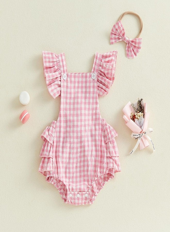 FOMOYUU Newborn Baby Girl Romper Summer Sleeveless Checkered Smocked Cotton Linen Clothes Outfit Jumpsuit with Bow Headband (Pink, 3-6 Months) - Image 2