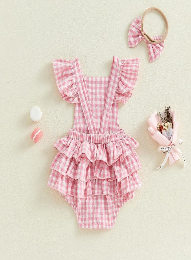 FOMOYUU Newborn Baby Girl Romper Summer Sleeveless Checkered Smocked Cotton Linen Clothes Outfit Jumpsuit with Bow Headband (Pink, 3-6 Months) - Image 3