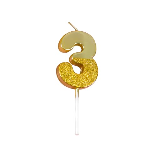 Juzfun Birthday Number Candles 3 for Kids Cake Topper Decoration Sparkle Gold Metallic Drip-Resistant Candles for Wedding Anniversary Graduation Retirement Third Year Celebration Size 5 x 3.5 cm - Image 1