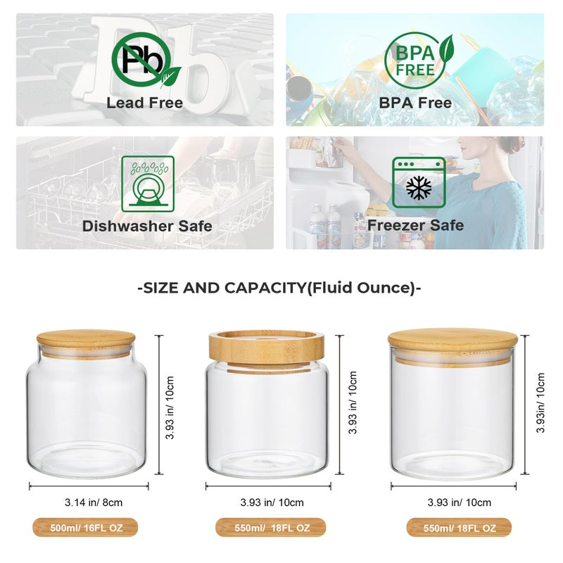 piconesper 1PC Small Glass Storage Jars with Airtight Lids, 18 fl oz (550ml) Cute Clear Glass Storage container with bamboo Lid, Glass Pantry Canister for Beans, Rice, Sugar, Cookie Coffee and etc - Image 2