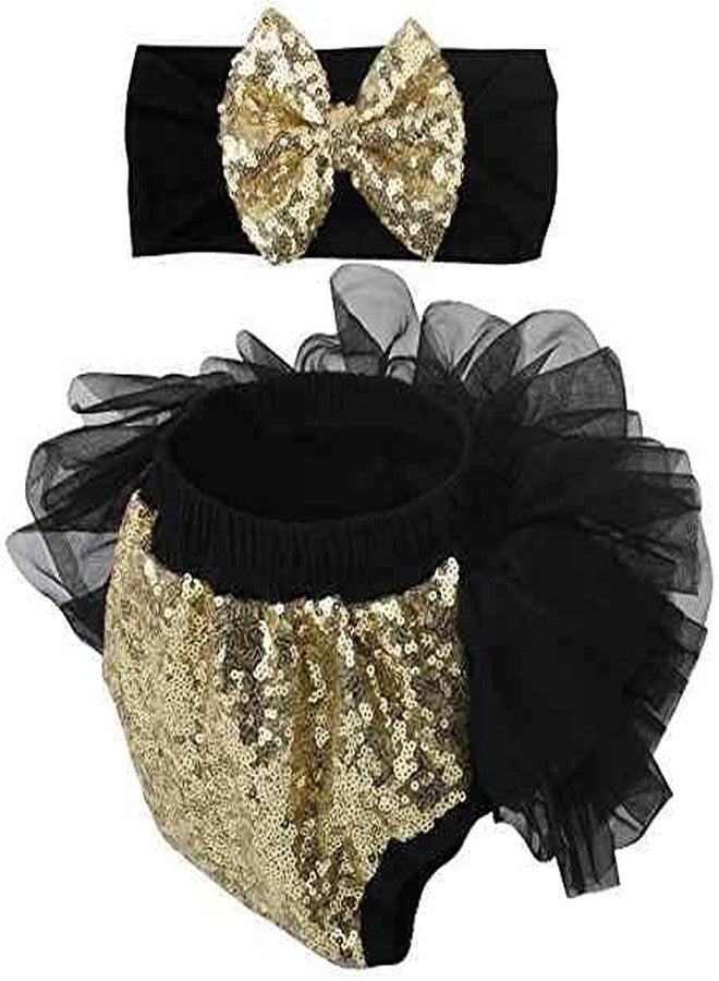 HIBA Baby Girl Diaper Cover Panty with Golden Sequin Bow and Hairband Black Color 9 to 12 Months - Image 1