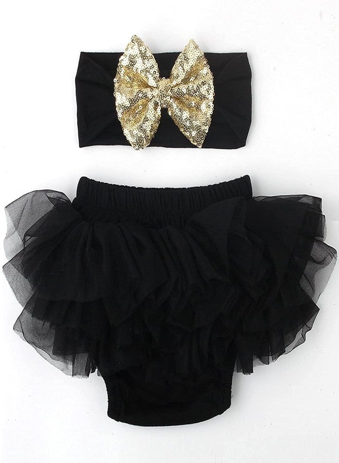 HIBA Baby Girl Diaper Cover Panty with Golden Sequin Bow and Hairband Black Color 9 to 12 Months - Image 3