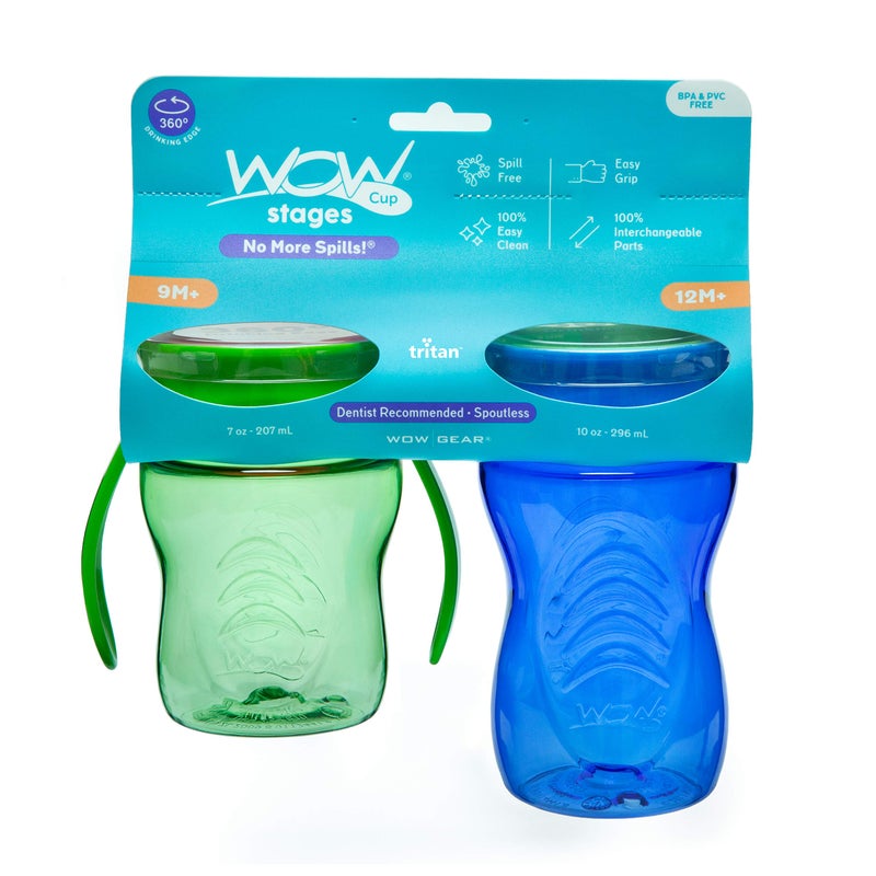 WOW GEAR Wow Cup Stages Kids and Baby 360 Sippy Cup, Blue/Green, 10 oz/7 oz, 2 Pack - Image 2
