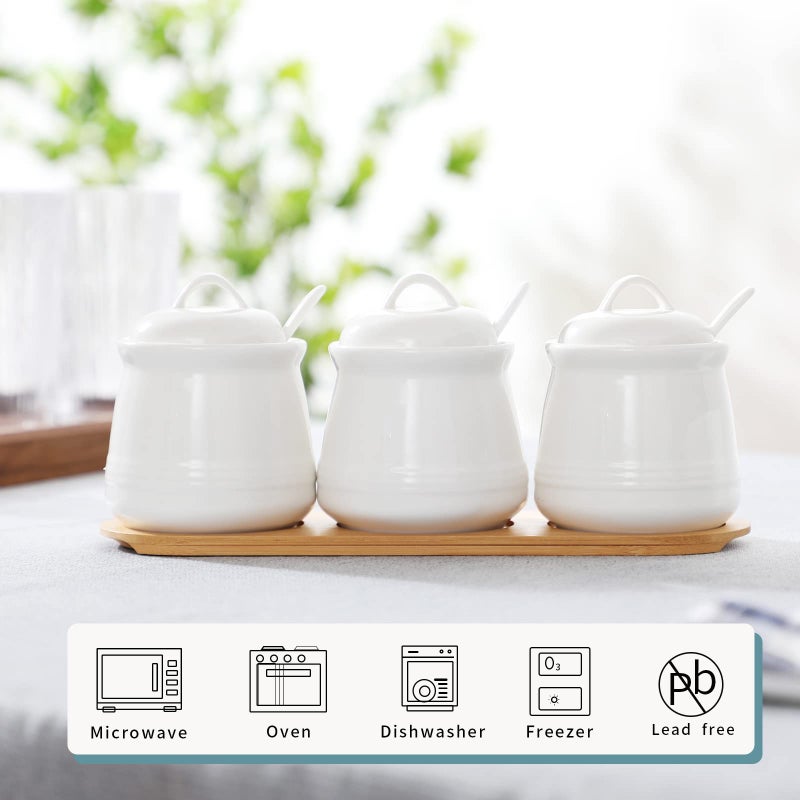 HAOTOP Porcelain Condiment Jar 3 Pack Set with Tray, 12 Ounces White - Image 2