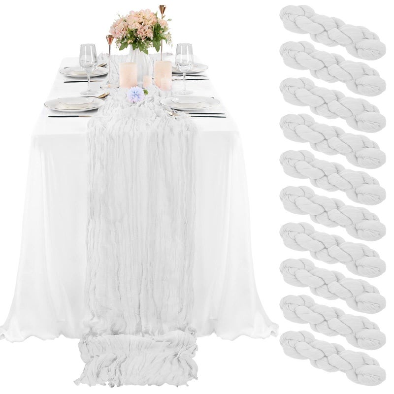 10 Pcs White Cheesecloth Table Runner 10FT Gauze Cheese Cloth for Wedding Reception Rustic Sheer Bridal Shower Birthday Party Boho Table Decoration Romantic Wedding Runner