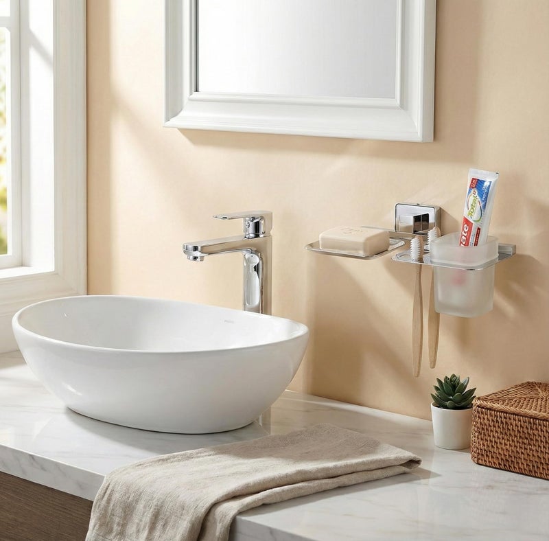 KANJAL Premium Stainless Steel 3-in-1 Bathroom Organizer – Chrome Finish Wall Mounted Soap Dish, Frosted Glass Tumbler & Toothbrush Holder Stand for Washbasin and Shower - Image 5