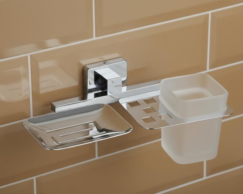 KANJAL Premium Stainless Steel 3-in-1 Bathroom Organizer – Chrome Finish Wall Mounted Soap Dish, Frosted Glass Tumbler & Toothbrush Holder Stand for Washbasin and Shower - Image 1