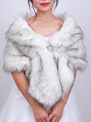 fxmimior Bridal Faux Fur Bridal Wrap Shrug Stole Shawl Cape Wedding Faux Fur Wrap (gray&white) - Image 2