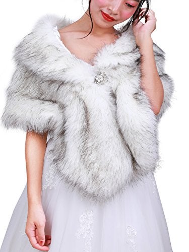 fxmimior Bridal Faux Fur Bridal Wrap Shrug Stole Shawl Cape Wedding Faux Fur Wrap (gray&white) - Image 1