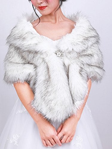 fxmimior Bridal Faux Fur Bridal Wrap Shrug Stole Shawl Cape Wedding Faux Fur Wrap (gray&white) - Image 3