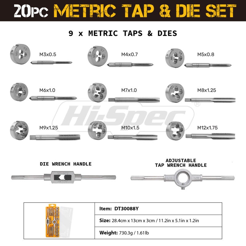 Hi-Spec 20pc Metric Tap & Die Set. Complete M3 to M12 Screw and Thread Tapping and Threading Tools with Tap Wrenches in a Box Case - Image 2