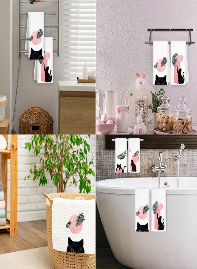 JINYO Boho Black Cat Kitchen Towels Set of 4, Pink and Black Cat Hand Towels for Bathroom, Boho Botanical Cat Dish Towels, Black and Pink Bathroom Decor, Cat Kitchen Decor, 16x24 Inch - Image 3