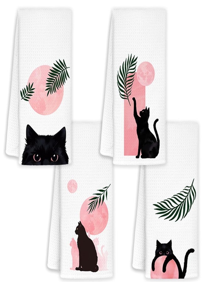JINYO Boho Black Cat Kitchen Towels Set of 4, Pink and Black Cat Hand Towels for Bathroom, Boho Botanical Cat Dish Towels, Black and Pink Bathroom Decor, Cat Kitchen Decor, 16x24 Inch - Image 1