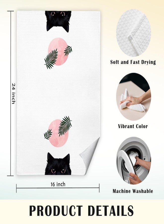 JINYO Boho Black Cat Kitchen Towels Set of 4, Pink and Black Cat Hand Towels for Bathroom, Boho Botanical Cat Dish Towels, Black and Pink Bathroom Decor, Cat Kitchen Decor, 16x24 Inch - Image 5