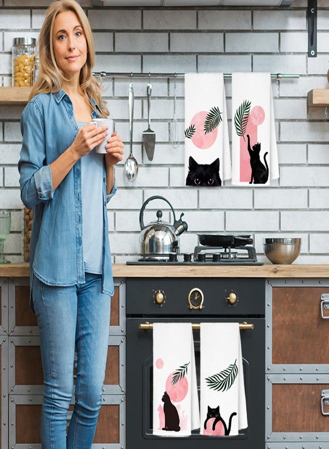 JINYO Boho Black Cat Kitchen Towels Set of 4, Pink and Black Cat Hand Towels for Bathroom, Boho Botanical Cat Dish Towels, Black and Pink Bathroom Decor, Cat Kitchen Decor, 16x24 Inch - Image 2
