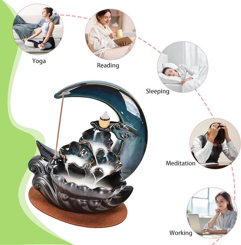 Duomama Matte anti slip finish Ceramic New Moon Backflow Incense Holder – Handmade Fountain Burner with Cones, Sticks & Mat – Aromatherapy Home Decor for Meditation, Yoga, and Zen Atmosphere Balanced universal design - Image 2