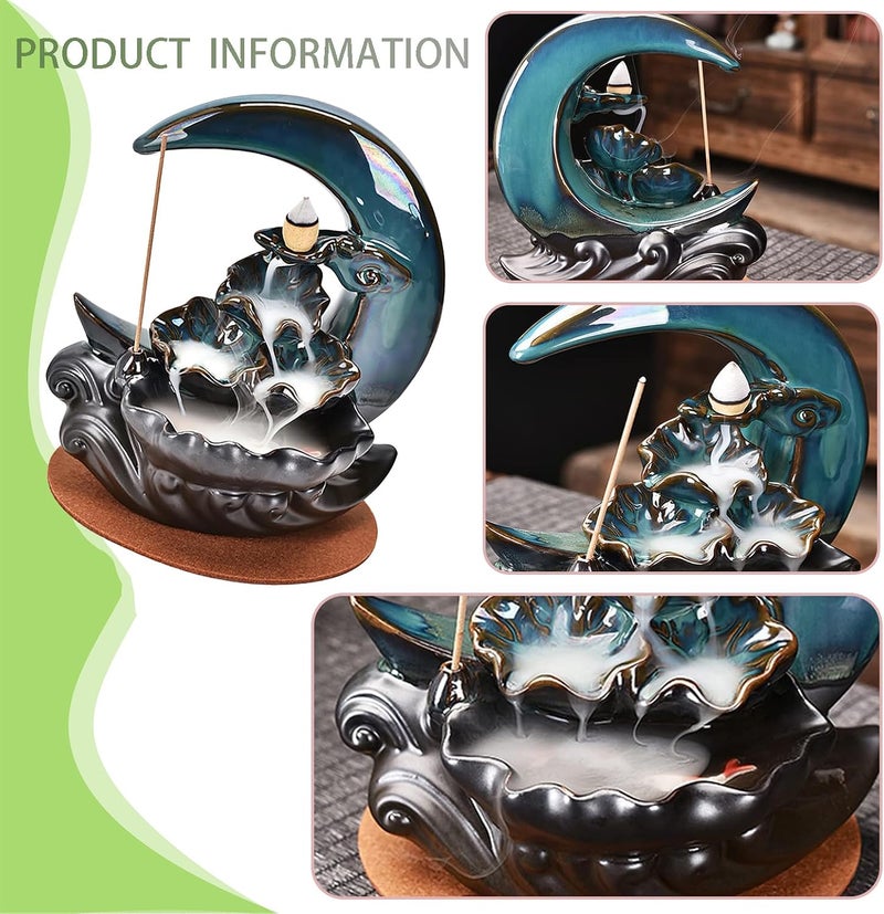 Duomama Matte anti slip finish Ceramic New Moon Backflow Incense Holder – Handmade Fountain Burner with Cones, Sticks & Mat – Aromatherapy Home Decor for Meditation, Yoga, and Zen Atmosphere Balanced universal design - Image 5