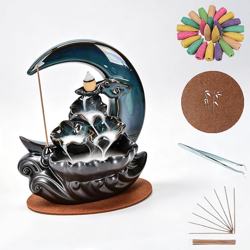 Duomama Matte anti slip finish Ceramic New Moon Backflow Incense Holder – Handmade Fountain Burner with Cones, Sticks & Mat – Aromatherapy Home Decor for Meditation, Yoga, and Zen Atmosphere Balanced universal design - Image 1