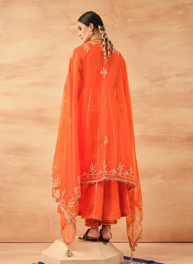 آي شين Women's Orange 100% Cotton Embellished Tunic Top With Ankle Palazzo Flared 3 Peice Kurta Set