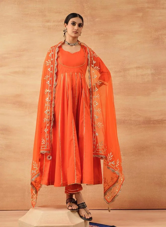 آي شين Women's Orange 100% Cotton Embellished Tunic Top With Ankle Palazzo Flared 3 Peice Kurta Set
