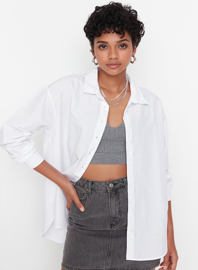 trendyol White Loose Fit Cotton Woven Shirt - Image 1