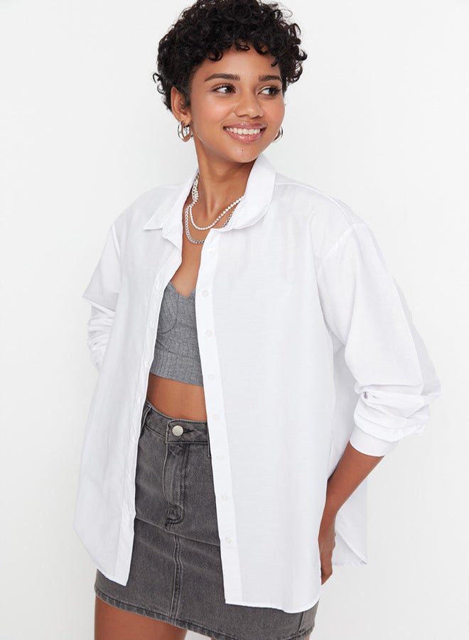 trendyol White Loose Fit Cotton Woven Shirt - Image 2