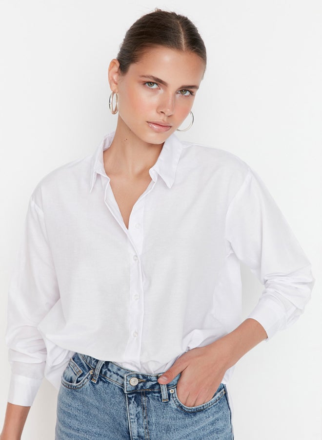 trendyol White Loose Fit Cotton Woven Shirt - Image 5