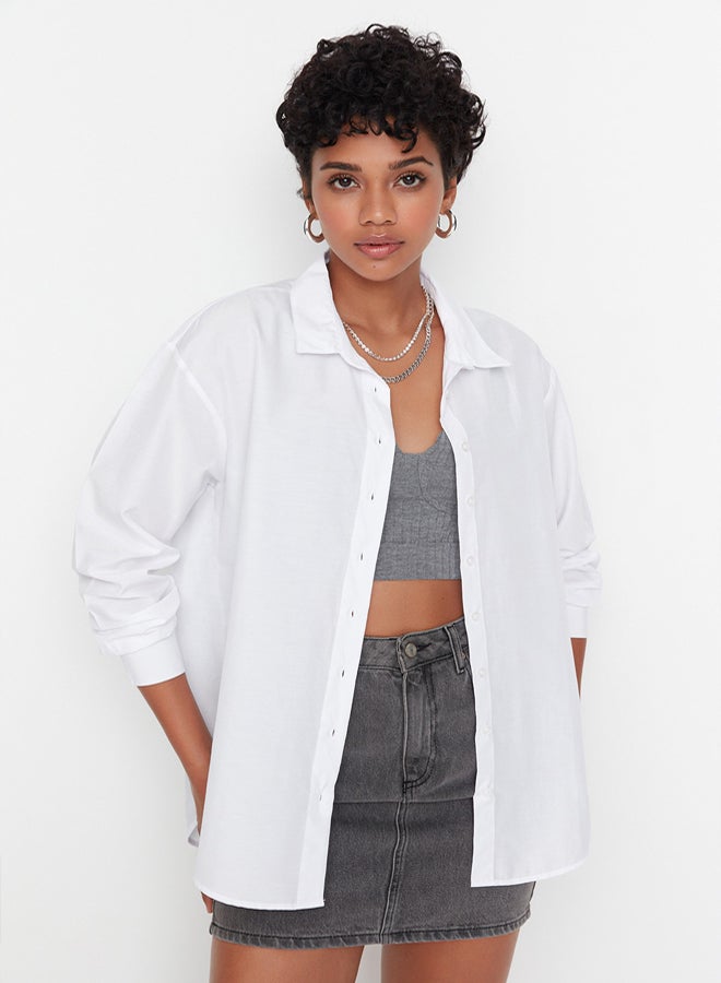 trendyol White Loose Fit Cotton Woven Shirt - Image 3