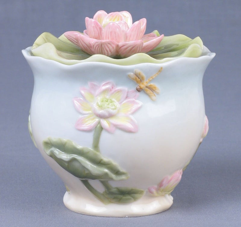 US US 6 Inch Pale Blue and White Glazed Porcelain Pink Lotus Sugar Bowl  - Image 1