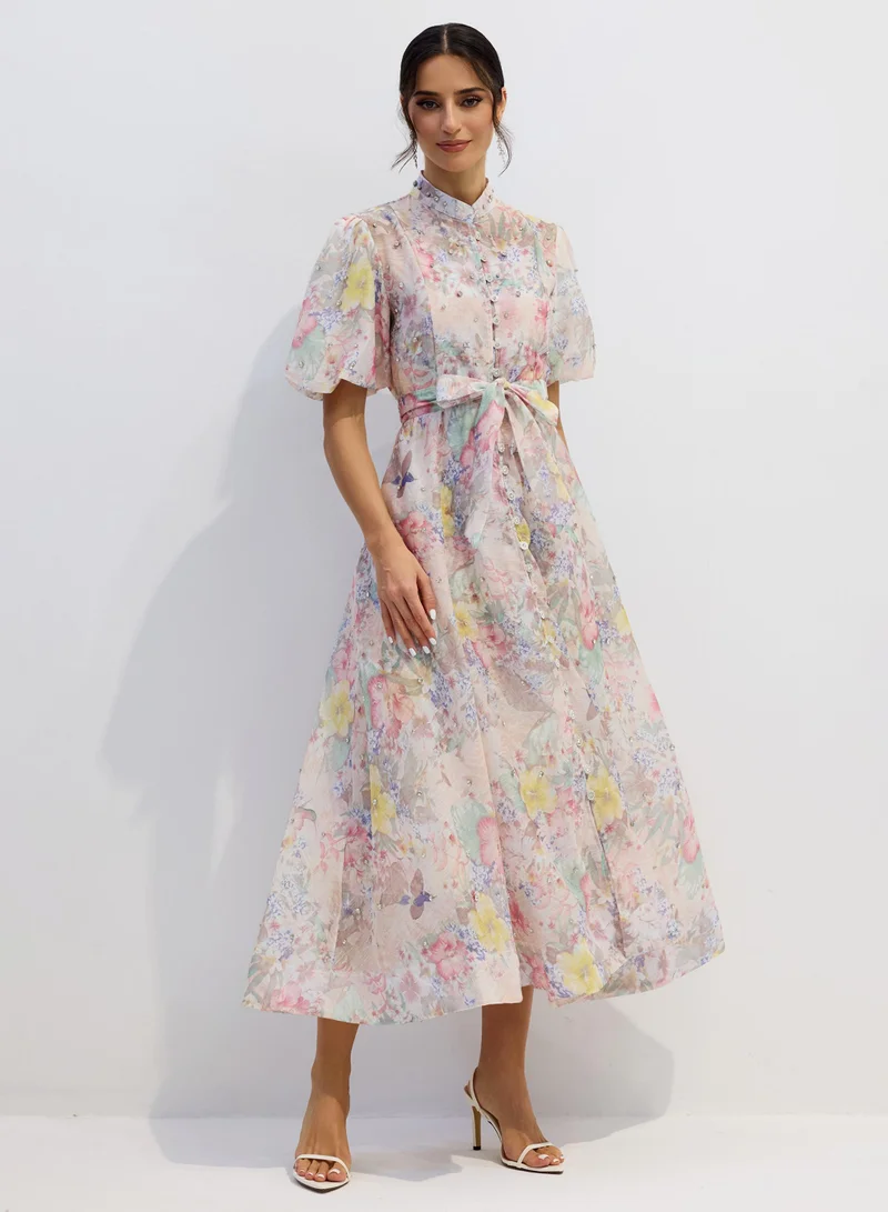 Sunfere Anne Floral Print Puff Sleeve Maxi Dress