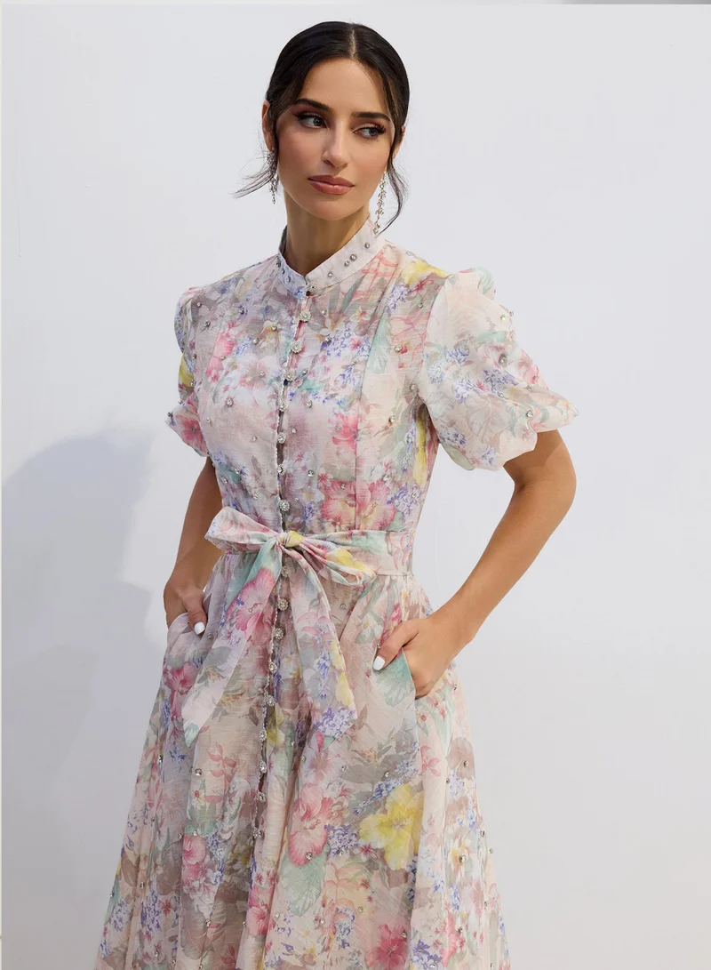 Sunfere  Anne Floral Print Puff Sleeve Maxi Dress for Women | Best Price UAE