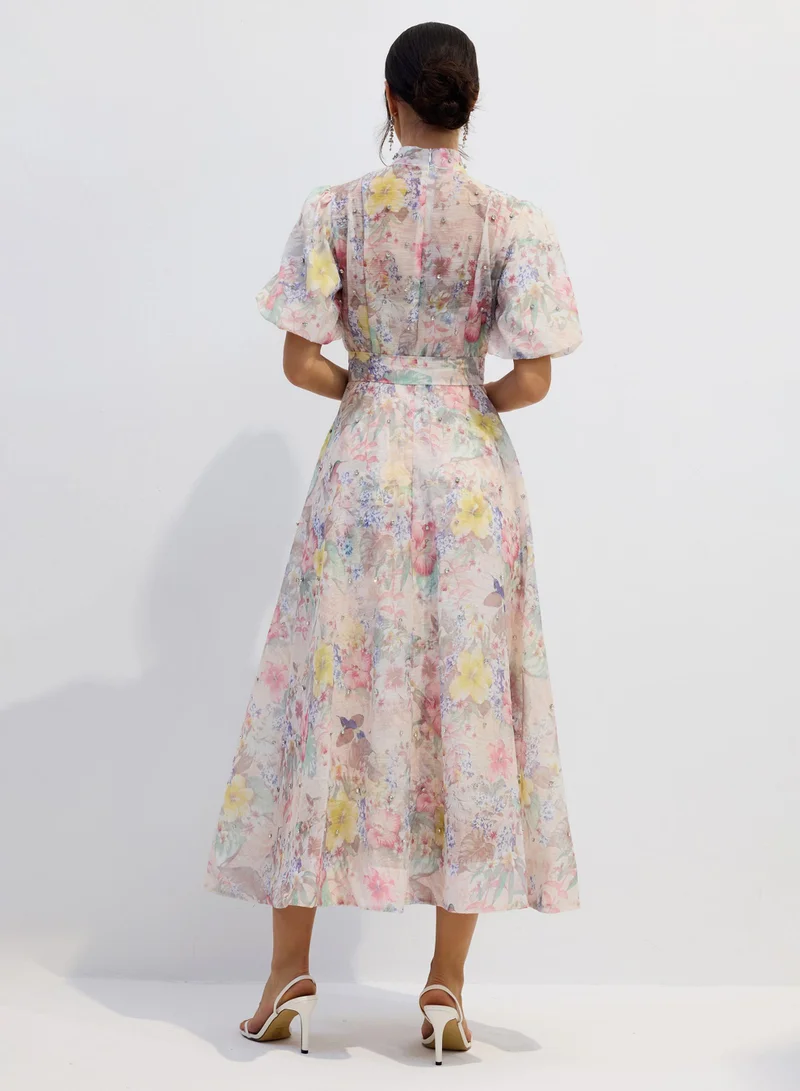 Sunfere  Anne Floral Print Puff Sleeve Maxi Dress for Women | Best Price UAE