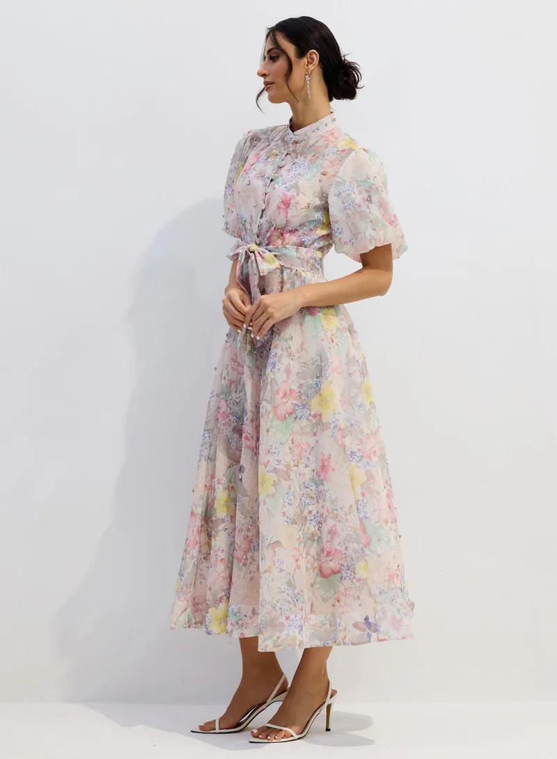 Sunfere Anne Floral Print Puff Sleeve Maxi Dress