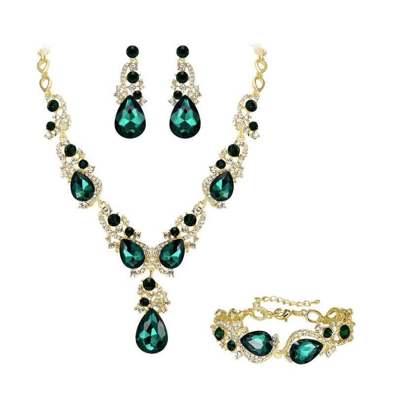 BriLove Wedding Bridal Jewelry for Women Multi Teardrop Cluster Crystal Statement Necklace Dangle Earrings Link Bracelet Set Emerald Color - Image 1