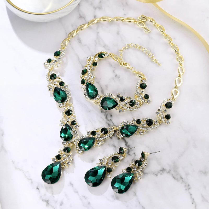 BriLove Wedding Bridal Jewelry for Women Multi Teardrop Cluster Crystal Statement Necklace Dangle Earrings Link Bracelet Set Emerald Color - Image 4