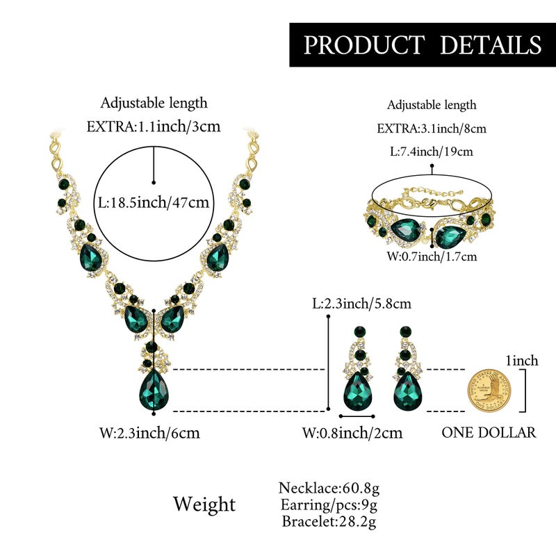 BriLove Wedding Bridal Jewelry for Women Multi Teardrop Cluster Crystal Statement Necklace Dangle Earrings Link Bracelet Set Emerald Color - Image 5