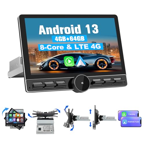 Pyniro Android 13 [4GB+64GB] Single Din Car Radio Stereo Universal 8 Core Car Radio Rotatable Touchscreen10.6, with CarPlay/Android Auto/MirrorLink, 4G SIM/WiFi/GPS/Bluetooth/RDS/USB/FMAM/SWC/Backup Camera - Image 1