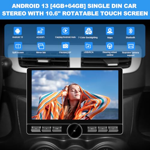 Pyniro Android 13 [4GB+64GB] Single Din Car Radio Stereo Universal 8 Core Car Radio Rotatable Touchscreen10.6, with CarPlay/Android Auto/MirrorLink, 4G SIM/WiFi/GPS/Bluetooth/RDS/USB/FMAM/SWC/Backup Camera - Image 2