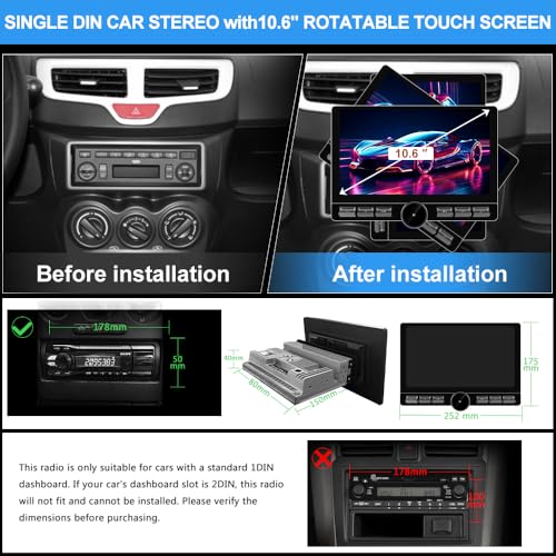 Pyniro Android 13 [4GB+64GB] Single Din Car Radio Stereo Universal 8 Core Car Radio Rotatable Touchscreen10.6, with CarPlay/Android Auto/MirrorLink, 4G SIM/WiFi/GPS/Bluetooth/RDS/USB/FMAM/SWC/Backup Camera - Image 3