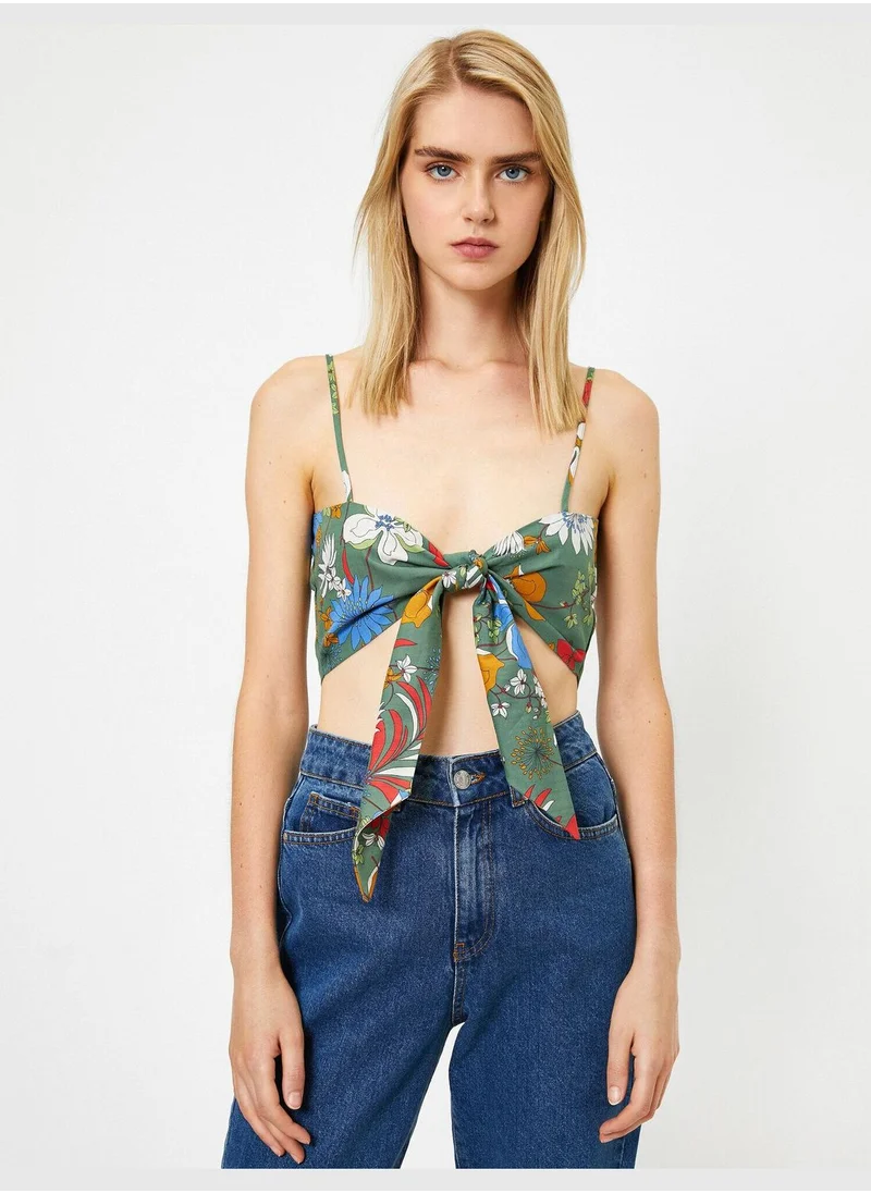 KOTON Cotton Flower Printed Bow Tie Tank Top