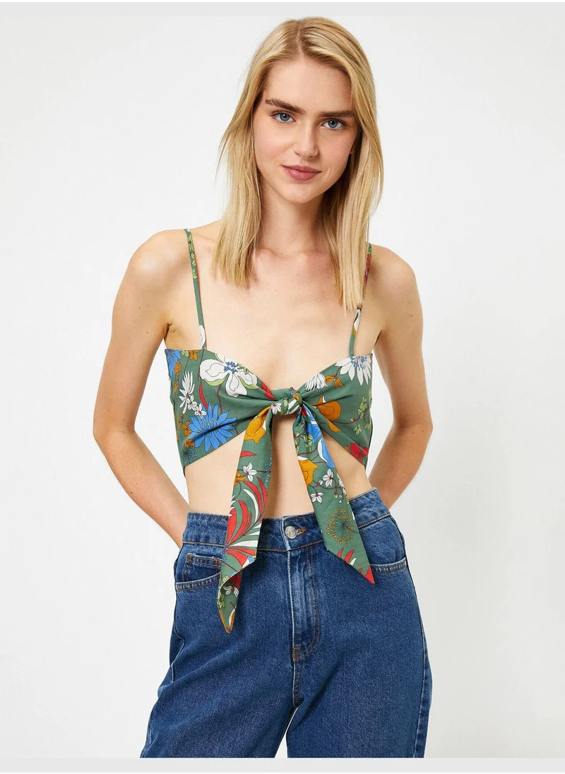 KOTON Cotton Flower Printed Bow Tie Tank Top