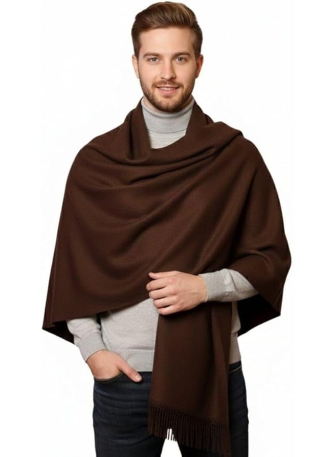 Elegant large-sized wool shawl with draped fringed edges.