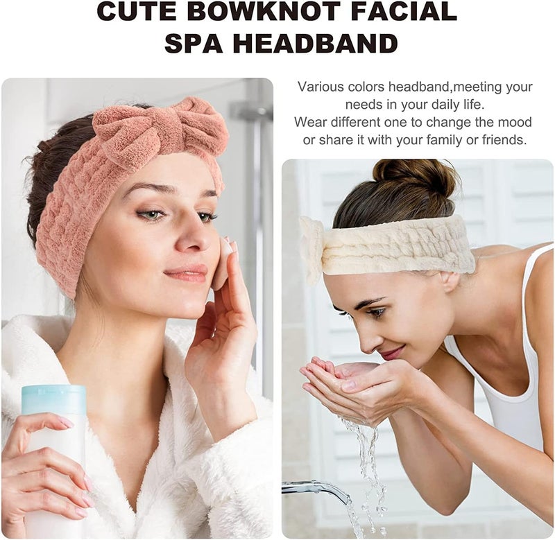 SOLARAE Spa Headband – 3 Pack Bow Hair Bands Women Facial Makeup Headbands Soft Coral Fleece Elastic Head Wraps for Bathing Shower Skincare Washing Face - Image 5