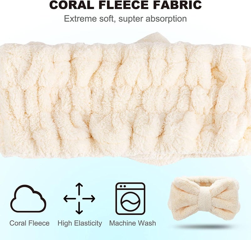SOLARAE Spa Headband – 3 Pack Bow Hair Bands Women Facial Makeup Headbands Soft Coral Fleece Elastic Head Wraps for Bathing Shower Skincare Washing Face - Image 3