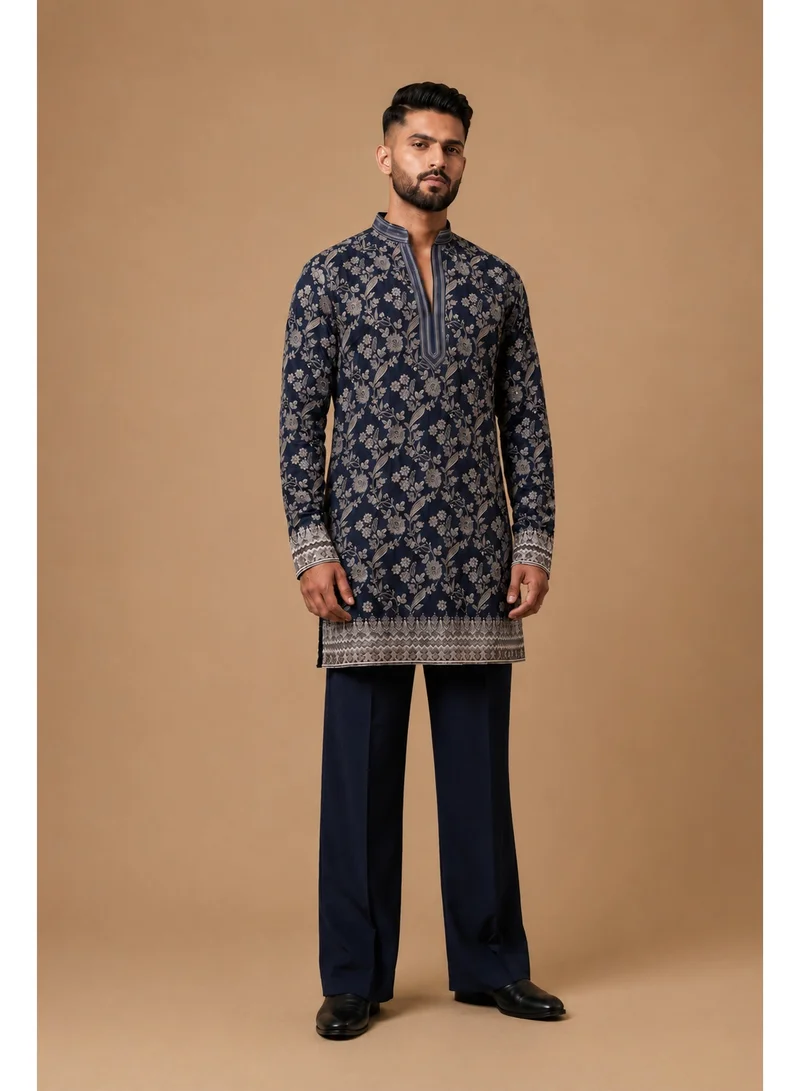 Lehar Midnight Blue Floral Embroidered Kurta Set with Relaxed Straight Pants