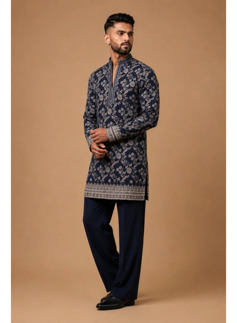 Lehar Midnight Blue Floral Embroidered Kurta Set with Relaxed Straight Pants