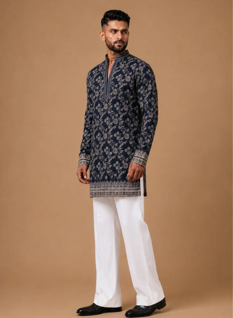Lehar Midnight Blue Floral Embroidered Kurta Set with Relaxed Straight Pants